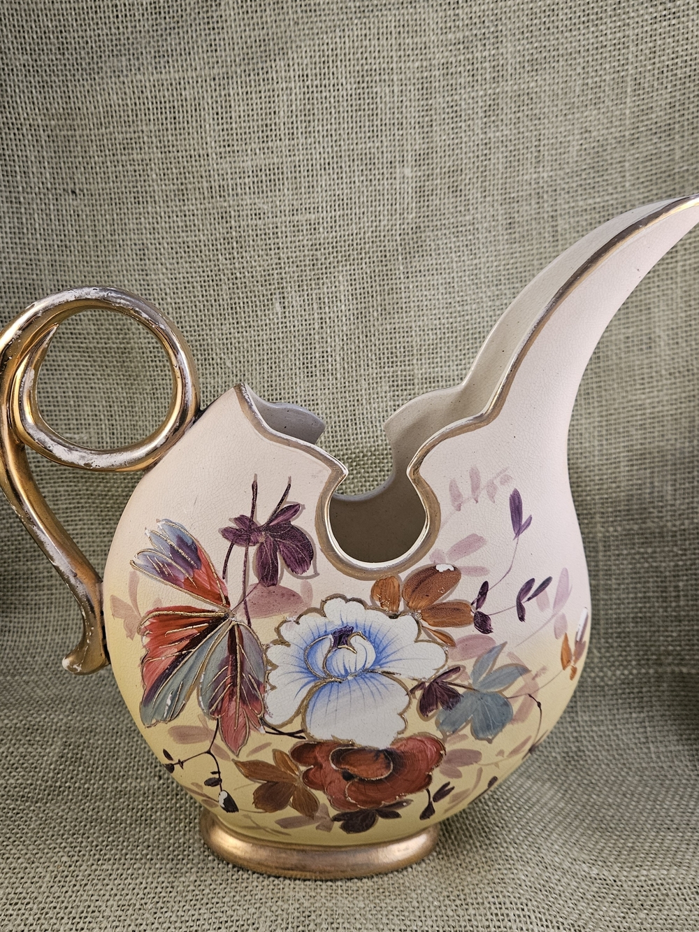 Hand-Painted Antique Floral Ceramic Pitcher Ewer in Pale Pink Cream and Gold